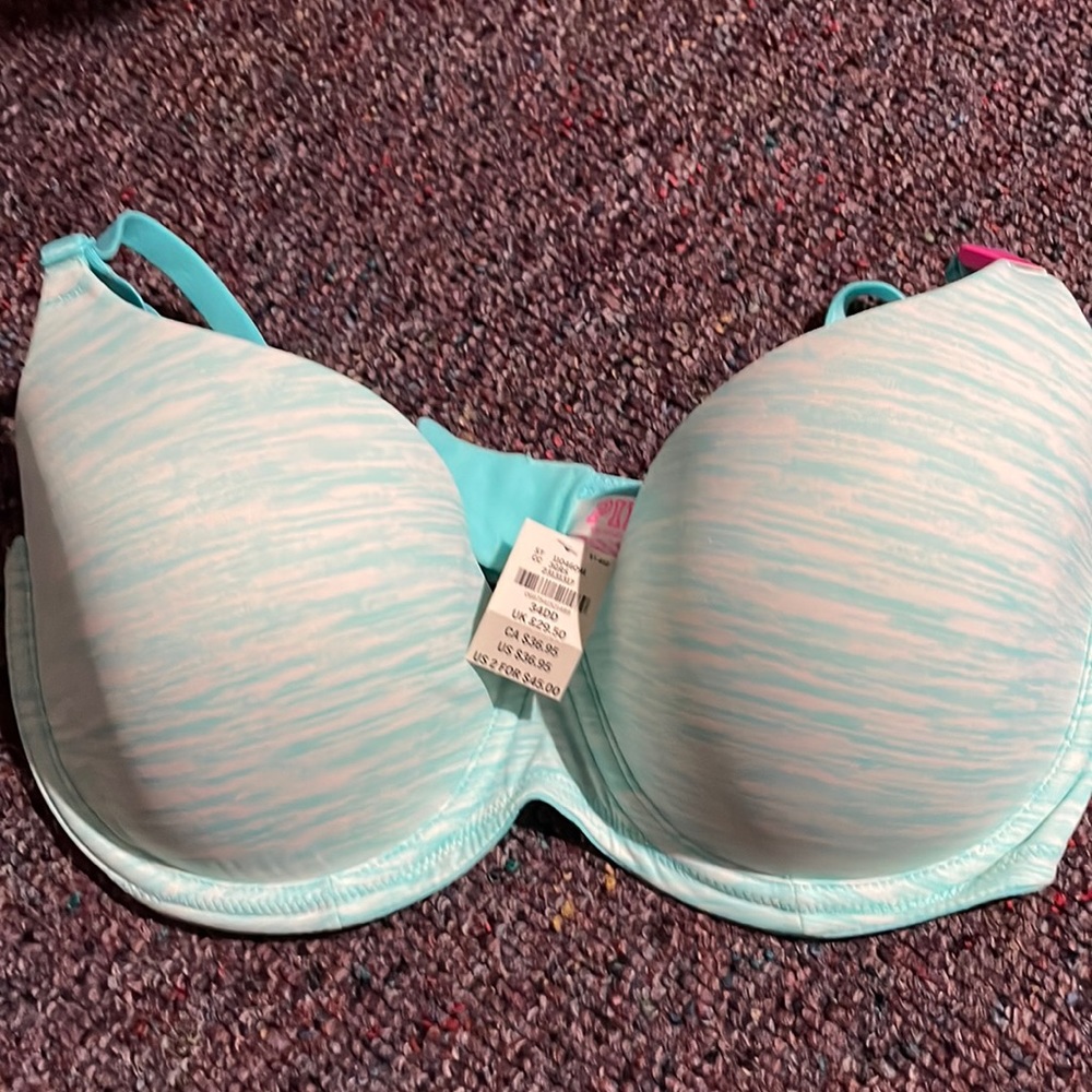 NWT PINK bra 34DD turquoise and whit with pink lined cups